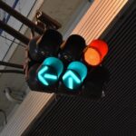 Traffic signal hanging under a bridge